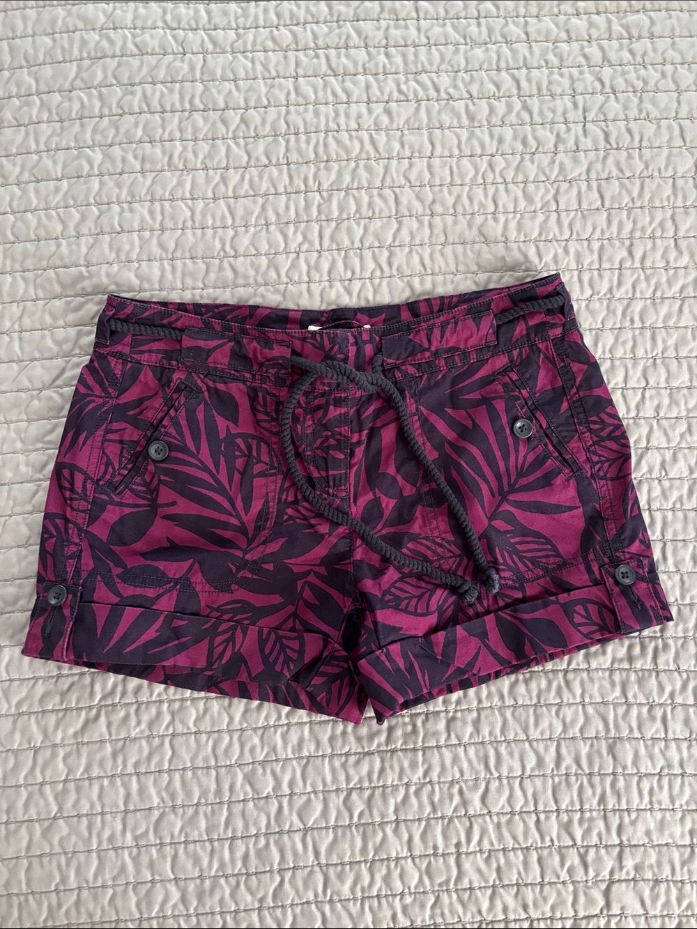 LOFT Purple and Navy Tropical Print Drawstring Shorts, Like New, 0P
